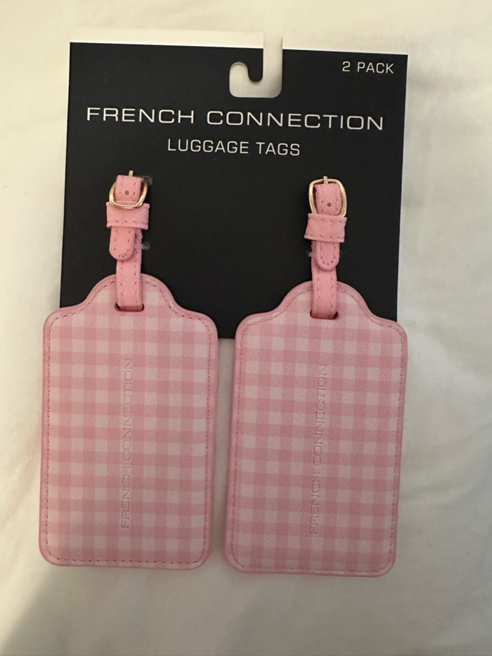 French Connection Pink Gingham-Style Luggage Tag Duo